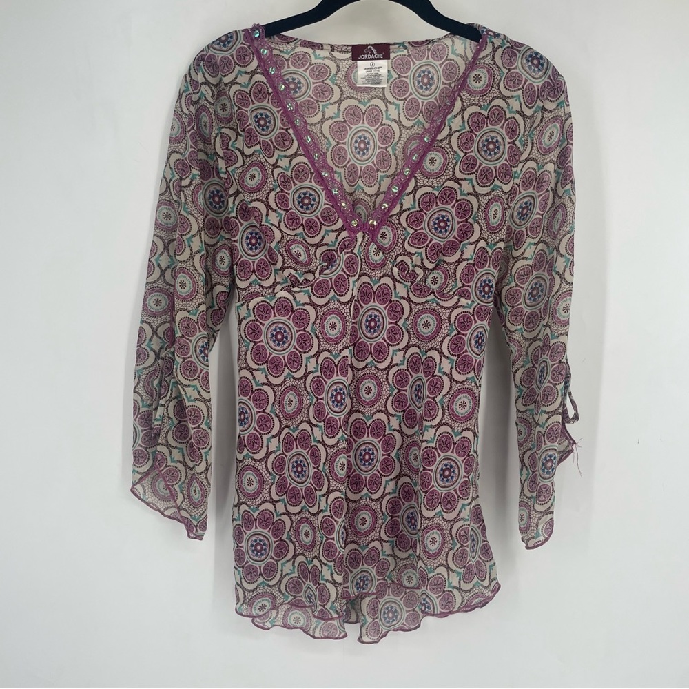 Vintage Y2K Jordache Juniors Large 11 13 Sheer Floral Babydoll Blouse Top Fairy